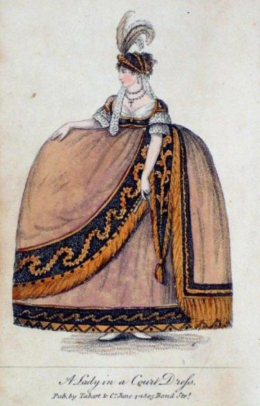 Modeprent uit 1805: A lady in court dress, Pub. by Tabart & Co. June, 1805, Bond Str.. Bron: Janeaustensworld.