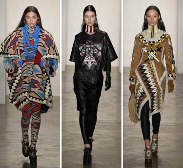 Native American geïnspireerde mode op de catwalk voor het Britse modemerk KTZ tijdens de London Fashion Week 2015 (foto: Vogue.com, fotograaf: Yannis Vlamos / Indigitalimages.com)