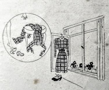 Blog Modemuze Birthe Weijkamp Hoe ga je om met vintage. Afb. 1 Illustratie uit Beyer Tips en Wenken voor Winterkleeding, kleding altijd uithangen na het dragen en niet over een stoel gooien, ca. 1940-45