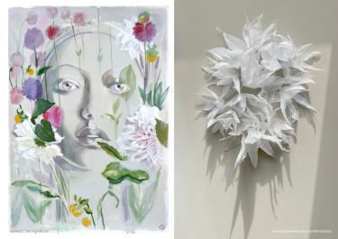 tweeluik link schilderij van hoofd met bloemen rechts bloemenkrans