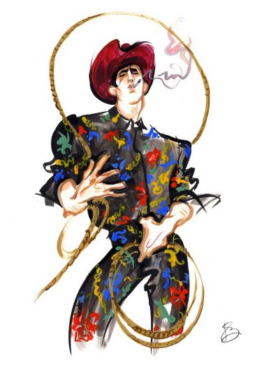 Illustratie van een man in cowboy kleding van Versace met lasso