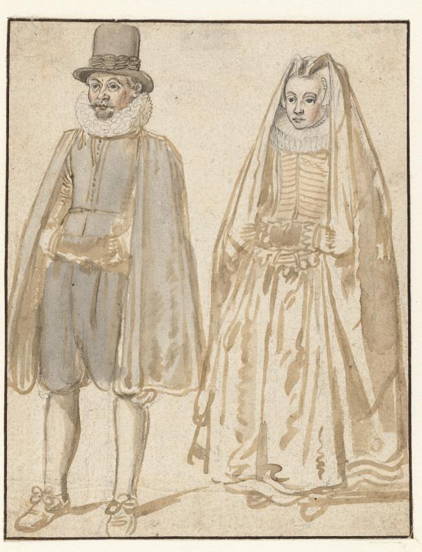 Tekening van man en vrouw gekleed volgens de burgerlijke mode van ca. 1615 beiden hebben de handen in een mof
