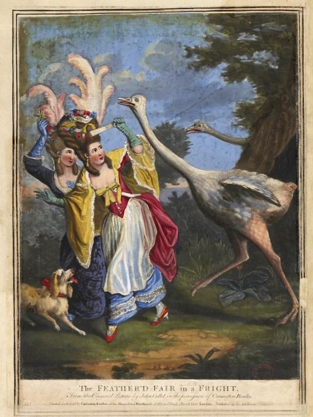 ‘The Feather’d Fair in a Fright’, 1777, gekleurde mezzotint, British Museum.