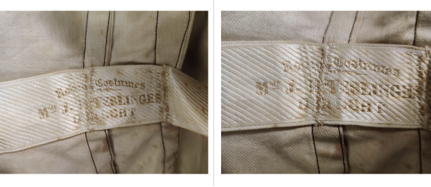 Label aan binnenzijde van het jasje van het tweedelig trouwensemble, 1879, inv. nr. 17874, Collectie Centraal Museum, Utrecht; schenking 1972-11-23. Foto’s door Denise van der Vegt